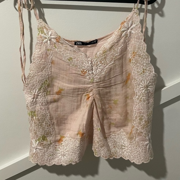 Zara Tie-Dye Embroidered Cream pink Top Cotton Cropped Shoulder ties Size S - Picture 7 of 10